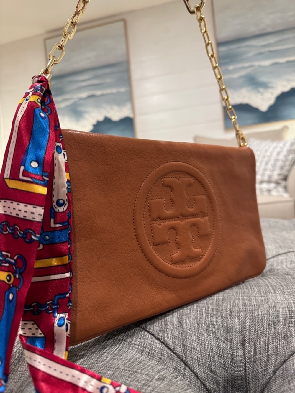 Tory Burch Bag Bombe Reva Brown Leather Logo Shoulder Bag Clutch with Gold Chain - Picture 3 of 17